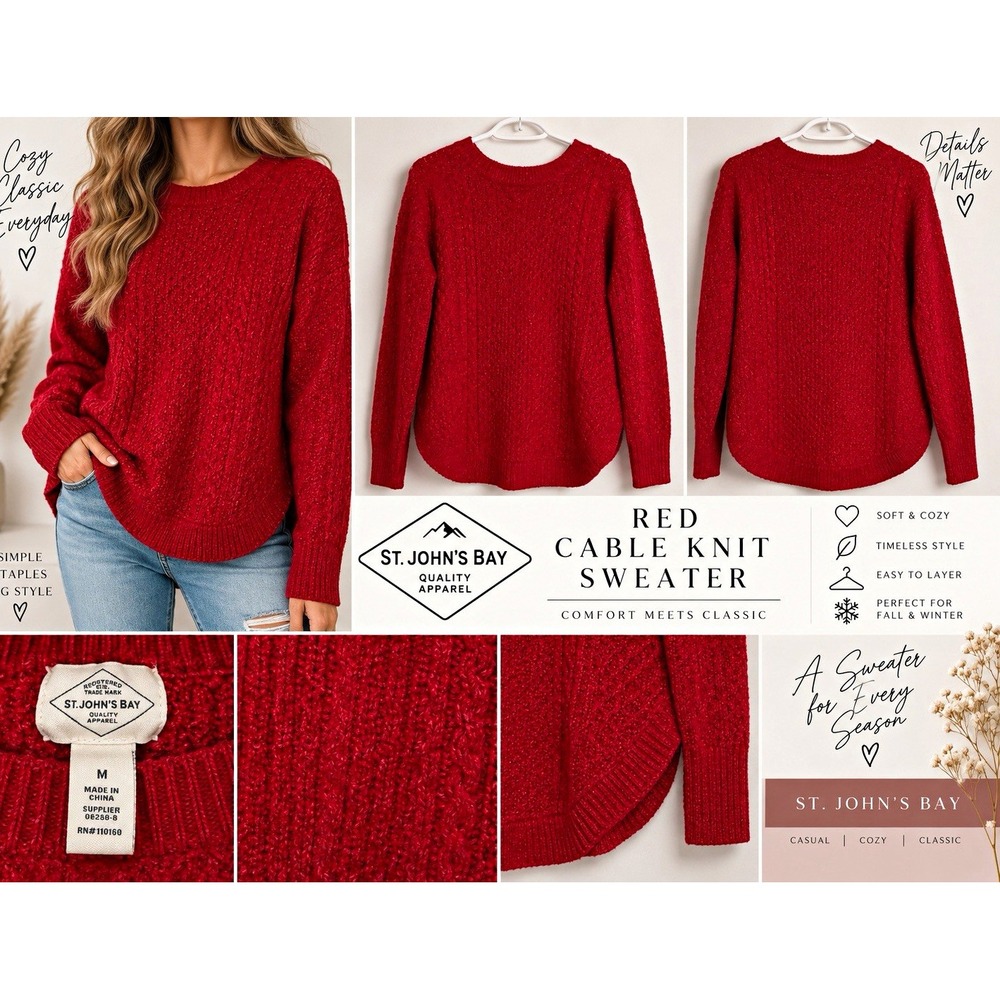 St. John's Bay Womens Red Cable-Knit Crew Neck Long Sleeve Pullover Sweater M